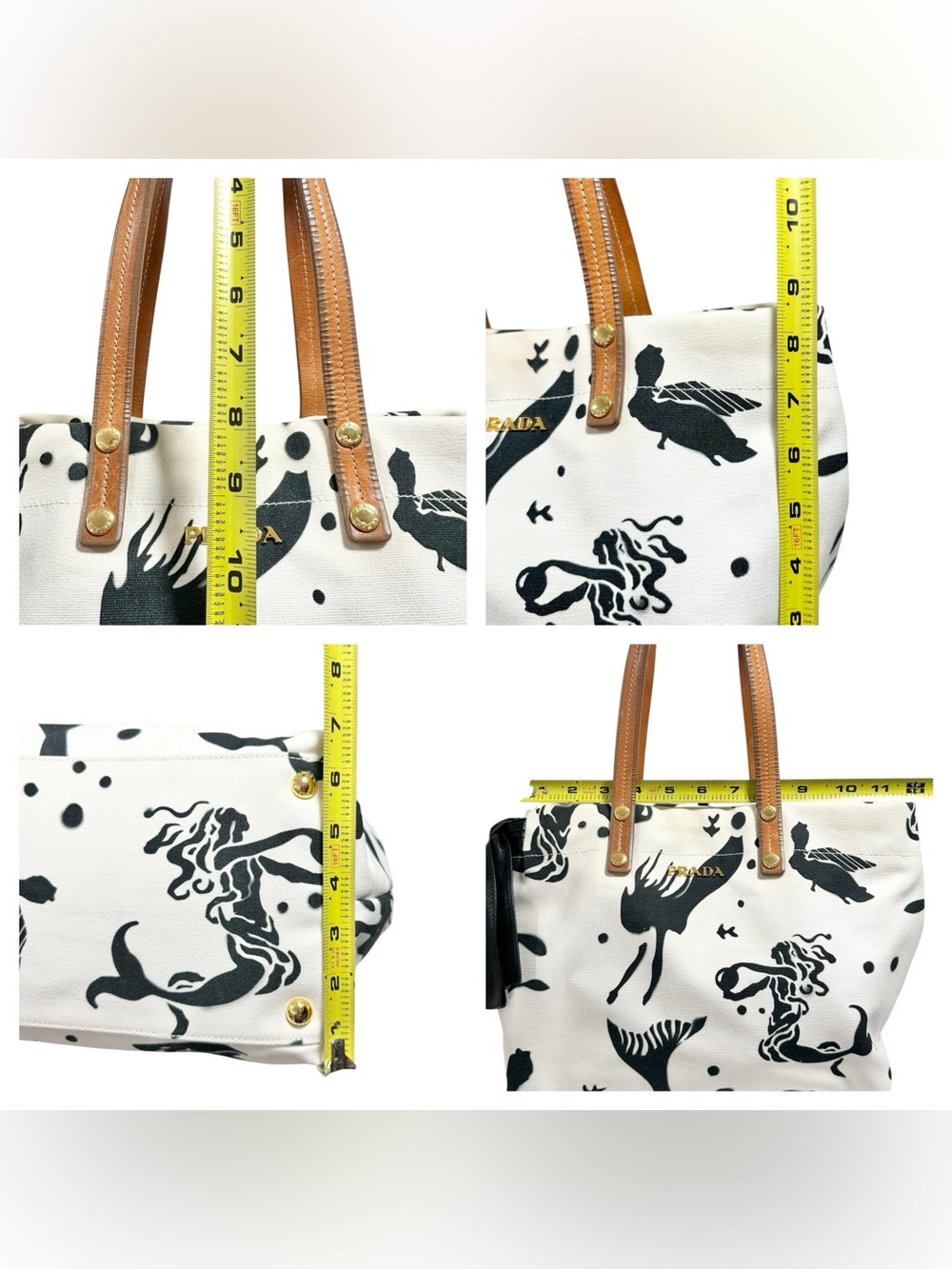 Prada White & Black Mermaid Stampata Canapa & Leather Bow Stampada Bag - Picture 13 of 15
